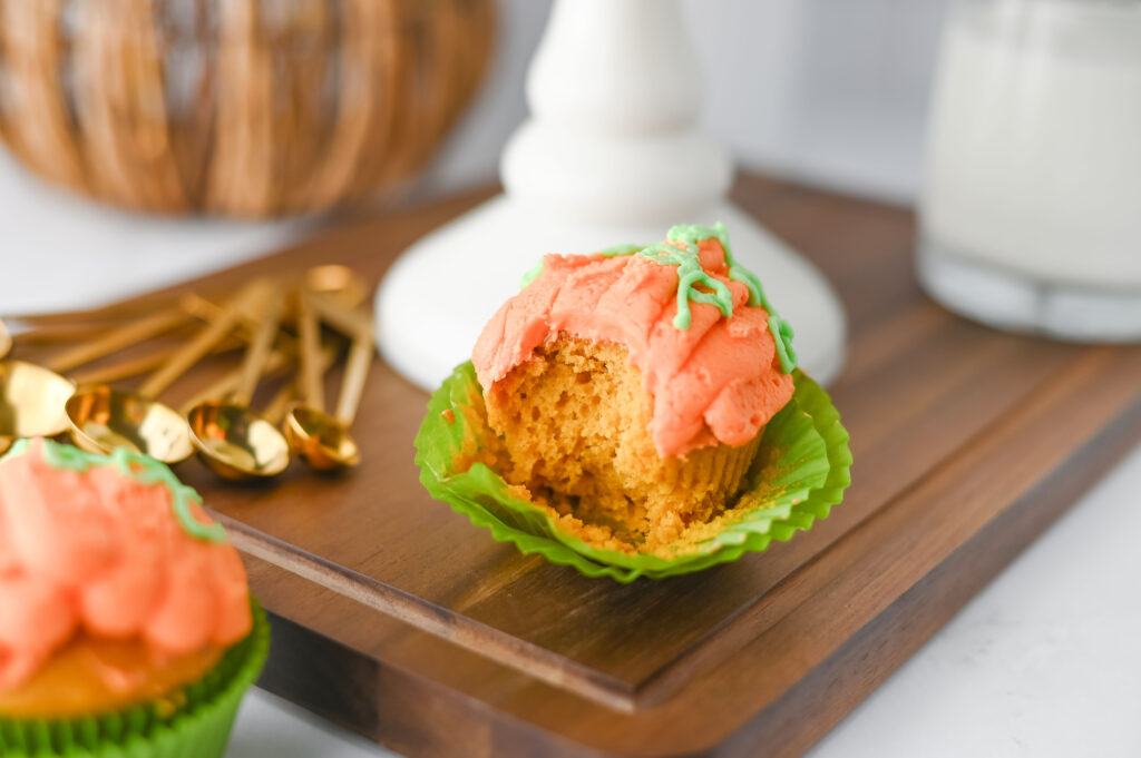 3pumpkincupcakes9 - Cultivating Brilliant Minds cupcakes decorated to look like pumpkins with a bite taken out