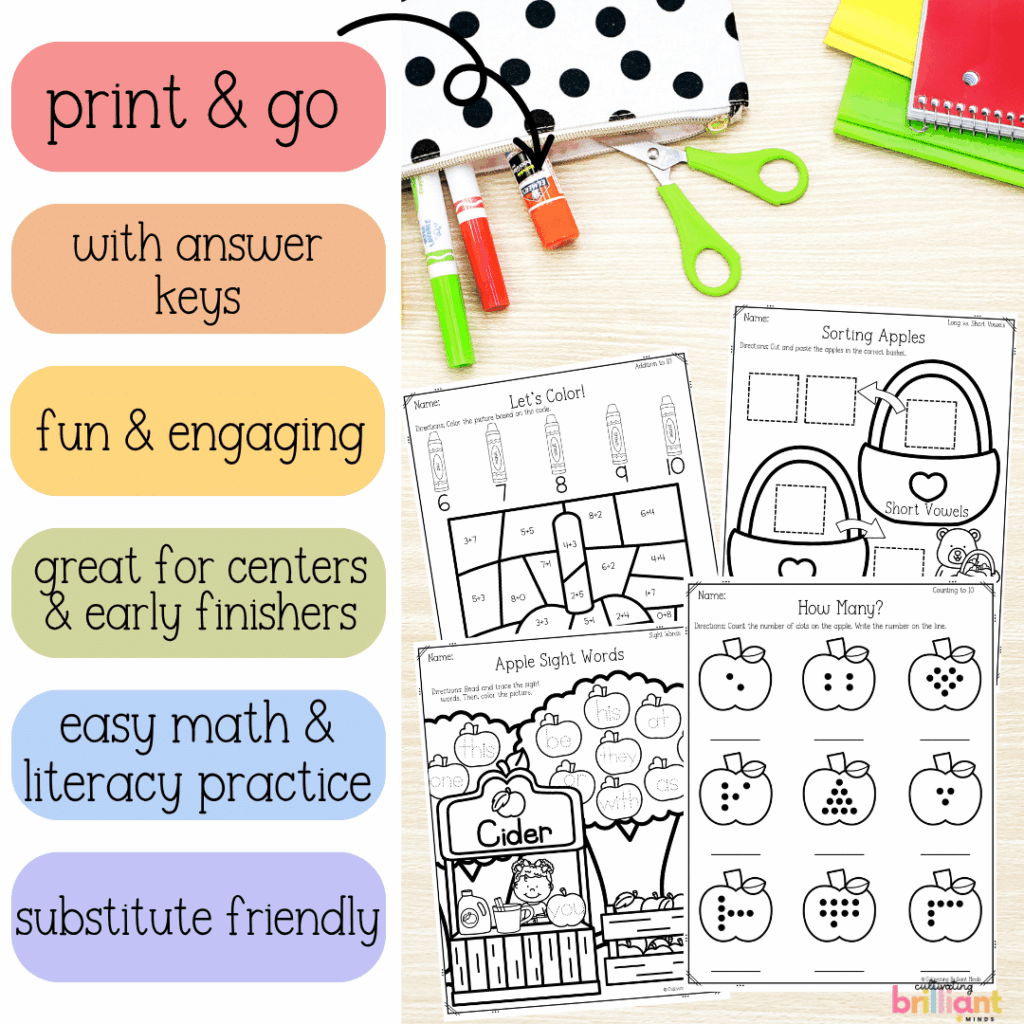 Autumn apples no-prep literacy worksheets
