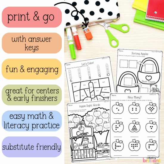 Autumn apples no-prep literacy worksheets
