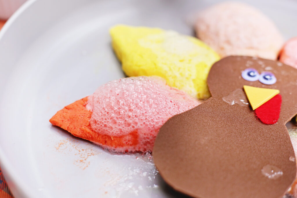 Fizzy Turkey Feather Experiment 4 - Cultivating Brilliant Minds a close up of the baking soda feathers fizzing