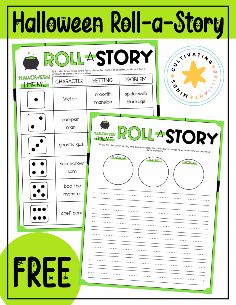 Halloween Roll-a-Story - Cultivating Brilliant Minds Halloween Roll-a-Story Halloween Storytelling with text that reads "halloween roll-a-story FREE"