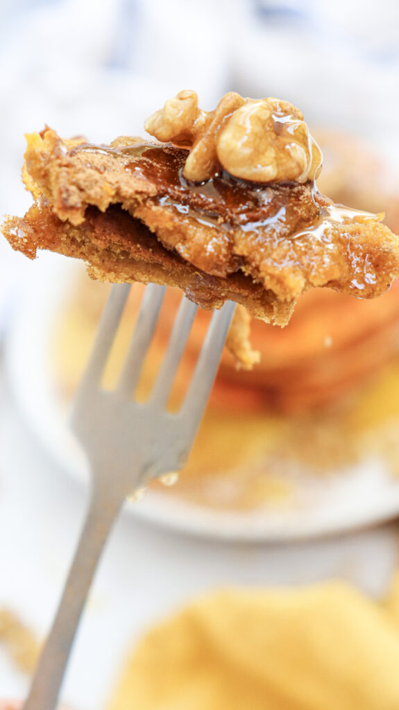 Pumpkin Pancakes - Cultivating Brilliant Minds Pumpkin pancakes on a fork