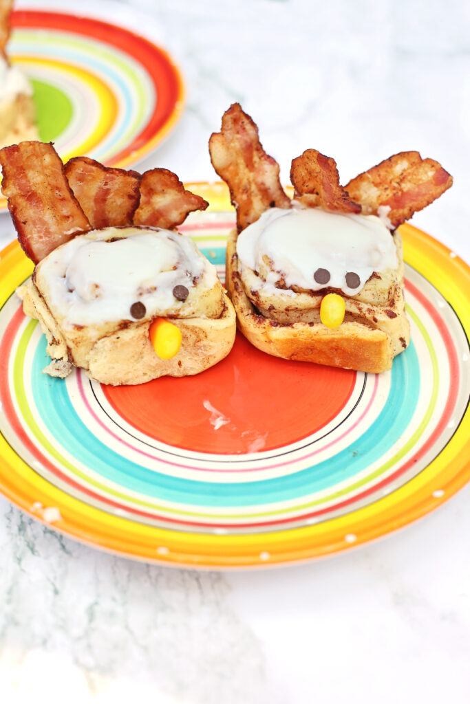 Turkey Cinnamon Rolls Final 2 - Cultivating Brilliant Minds turkey cinnamon rolls on a multicolored plate
