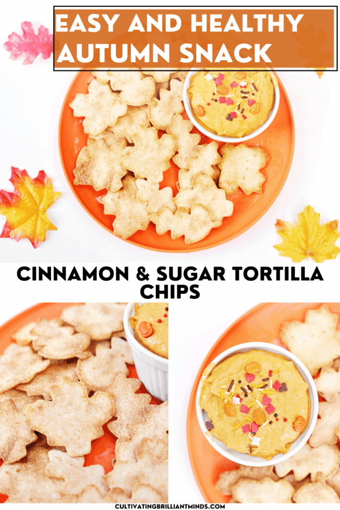 Cinnamon Sugar Tortilla Chips - Cultivating Brilliant Minds Cinnamon Sugar Tortilla Chips with text that reads "easy and healthy autumn snack: cinnamon & sugar tortilla chips"