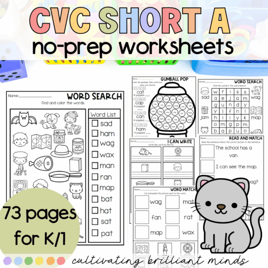 cvc short a no prep worksheets. 73 pages.