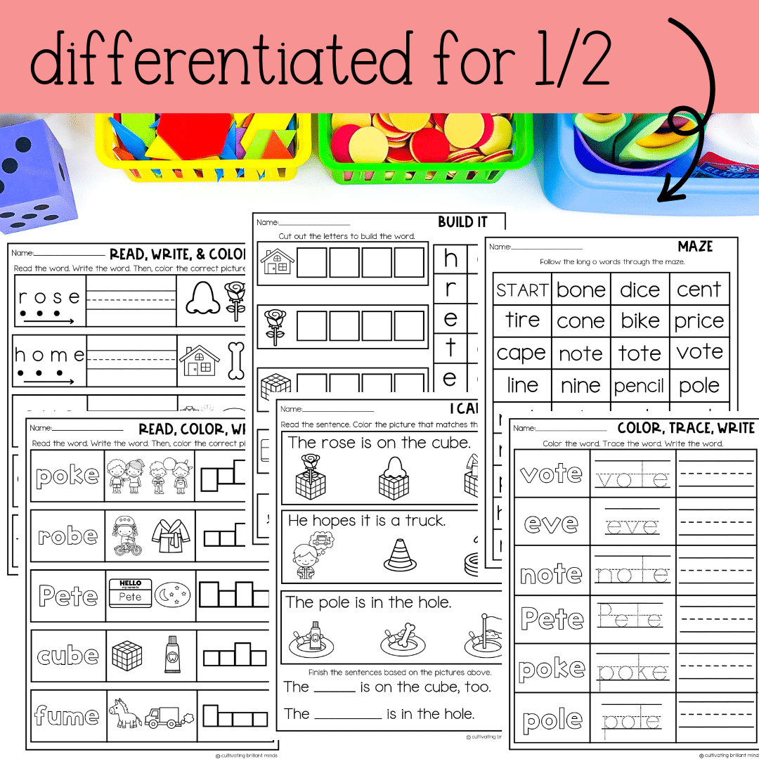 CVCE LONG E O U PHONICS Worksheets - Cultivating Brilliant Minds CVCE LONG E O U PHONICS Worksheets