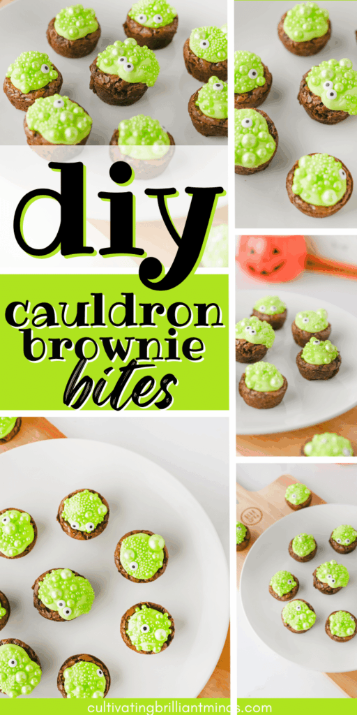 Cauldron Brownies - Cultivating Brilliant Minds Cauldron brownies with text that reads "diy cauldron brownie bites"