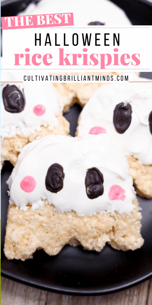 Ghost Rice Krispie Treats - Cultivating Brilliant Minds rice krispie treats decorated to look like ghosts