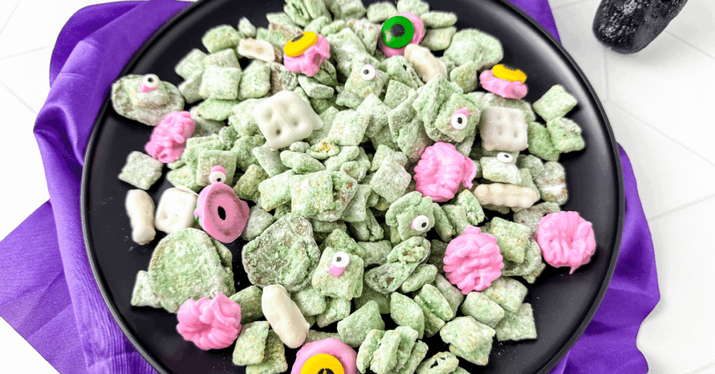 muddy buddies with candy eyes made to look like zombies