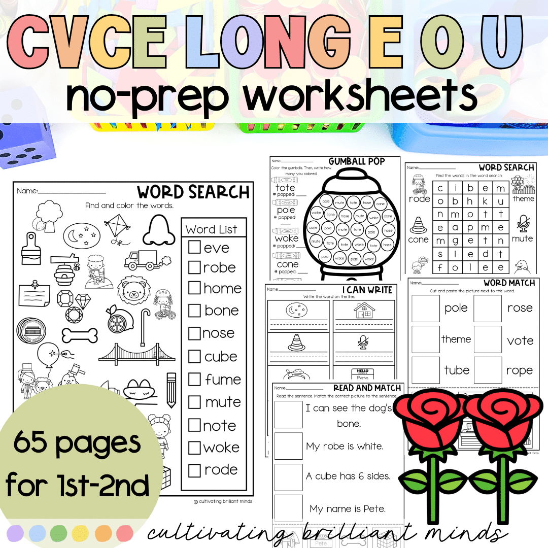 CVCE LONG E O U PHONICS Worksheets - Cultivating Brilliant Minds CVCE LONG E O U PHONICS Worksheets