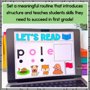 Tablet screen displays a 'LET'S READ' activity with letters p, o, l, e and a blank box, accompanied by cartoon pets, designed to promote first-grade reading routines.