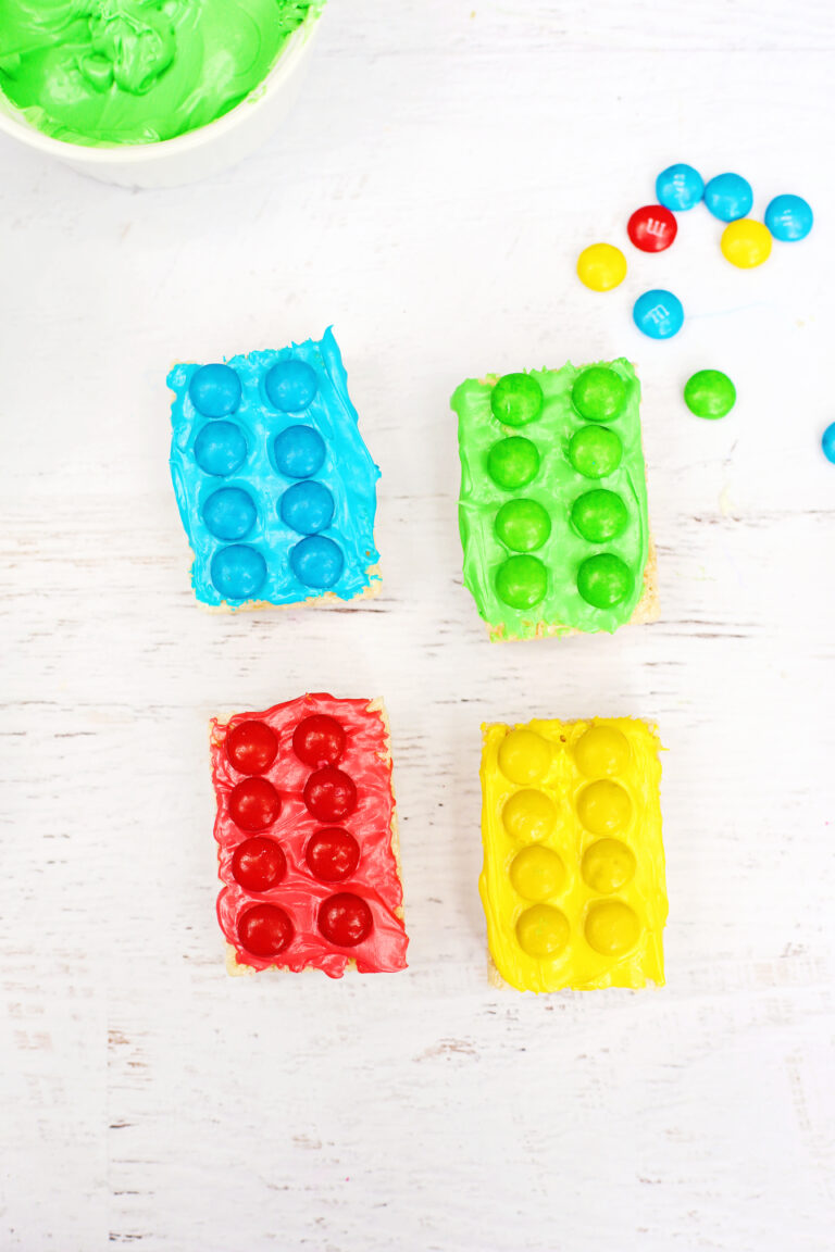 Rice Krispies decorated to look like legos