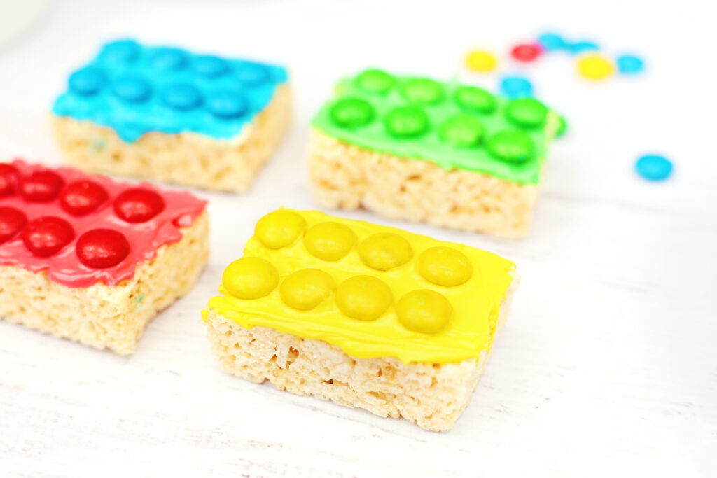 LEGO Rice Krispie Treats - Cultivating Brilliant Minds Rice Krispies decorated to look like legos