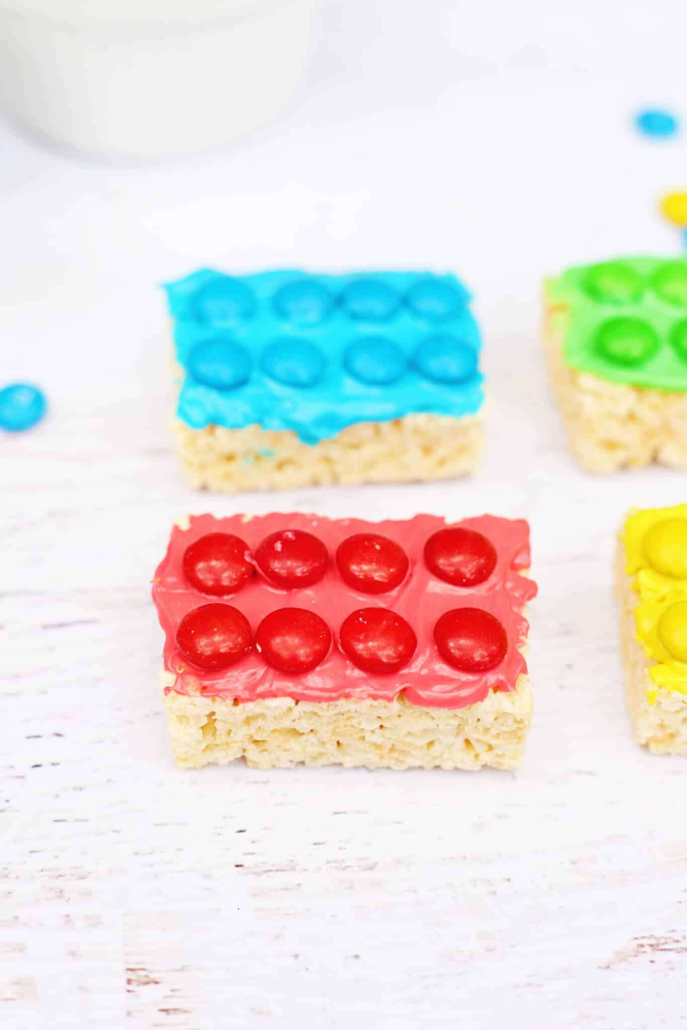 Rice Krispies decorated to look like legos