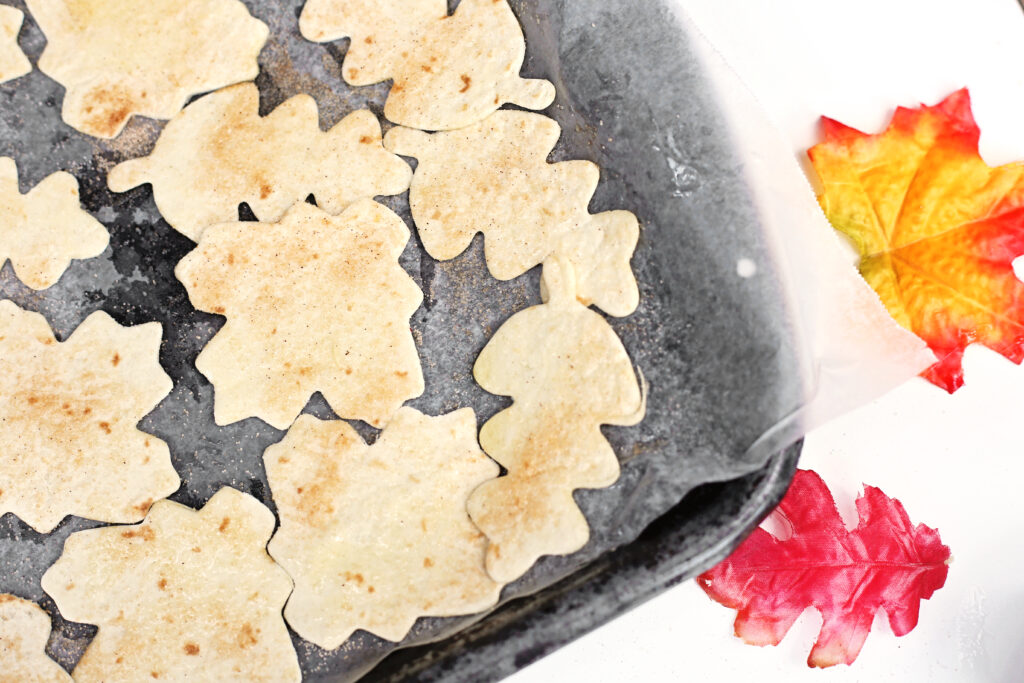 Cinnamon Sugar Tortilla Chips - Cultivating Brilliant Minds Cinnamon Sugar Tortilla Chips on a pan