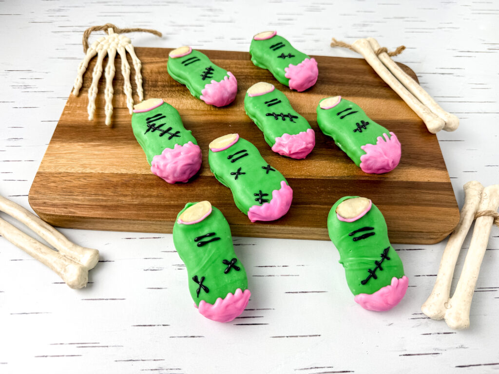 Nutter Butter Zombie Fingers - Cultivating Brilliant Minds Nutter Butters decorated to look like zombie fingers.