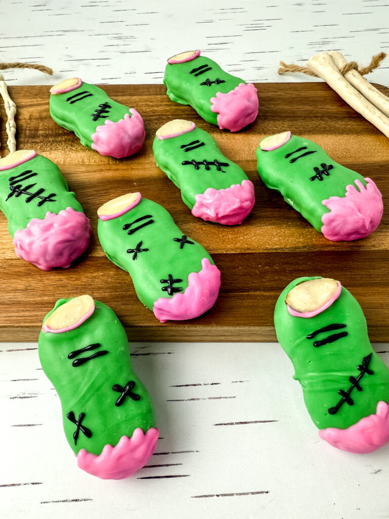 Nutter Butter Zombie Fingers - Cultivating Brilliant Minds Nutter Butters decorated to look like zombie fingers.