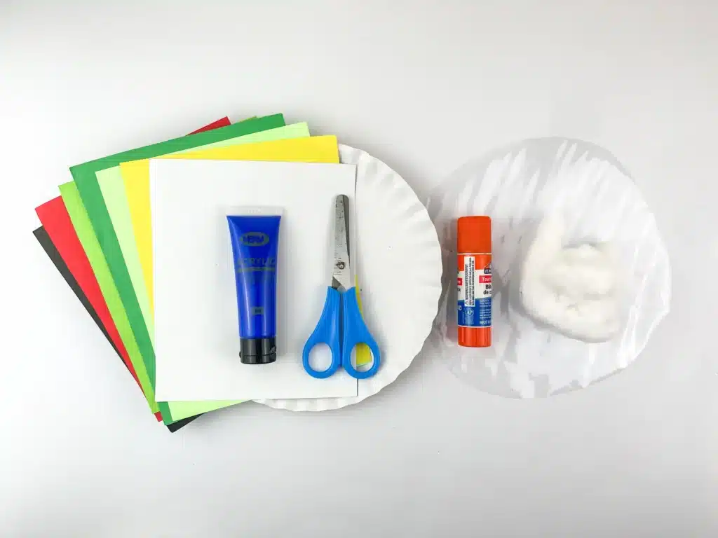 Snowglobe Paper Plate Craft - Cultivating Brilliant Minds colored construction paper, blue paint, scissors, glue, and cotton balls