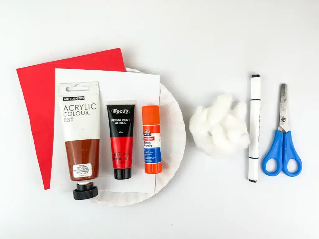 Santa Paper Plate Craft - Cultivating Brilliant Minds paint, paper plate, red construction paper, cotton, black marker, and scissors