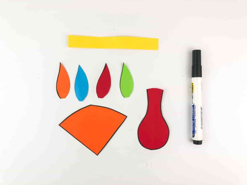 Thanksgiving Turkey Paper Bag Craft - Cultivating Brilliant Minds colored construction paper cut out to look like parts of a turkey