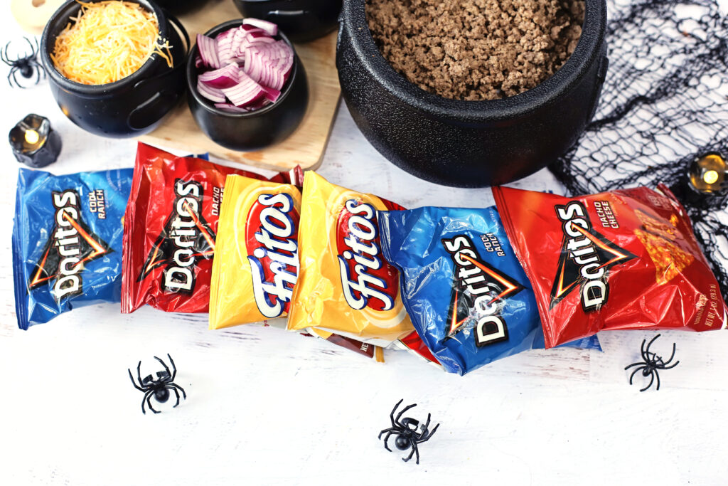 Spooky Walking Taco Bar - Cultivating Brilliant Minds close up of bags of chips for the Spooky Walking Taco Bar