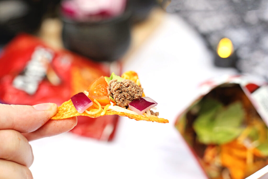 Spooky Walking Taco Bar - Cultivating Brilliant Minds taco ingredients on a chip