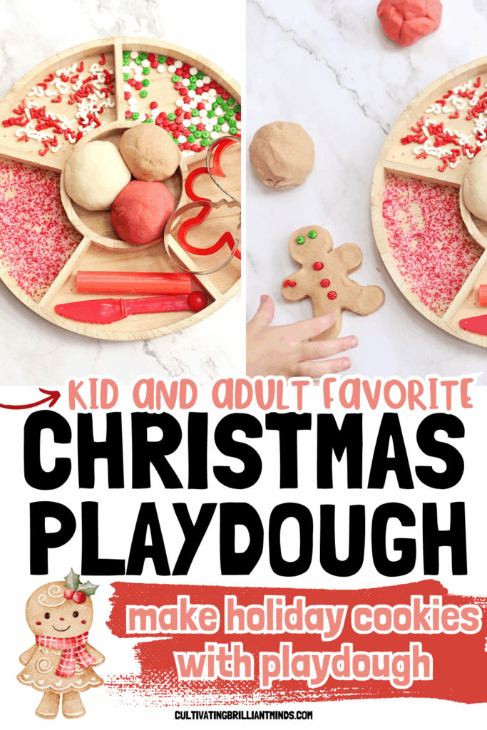 Holiday Cookie Playdough Bakery Tray - Cultivating Brilliant Minds a playdough tray filled with holiday-related items like red and green sprinkles and gingerbread cookie cutters