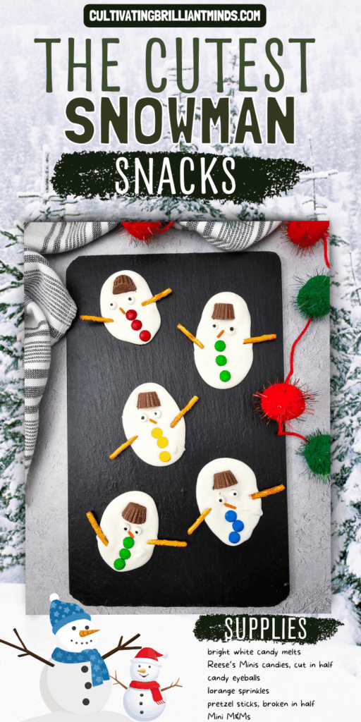 Melted Snowman Chocolate Bark - Cultivating Brilliant Minds White chocolate bark decorated to look like melted snowmen