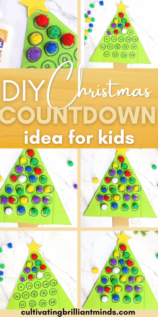 Christmas Tree Countdown Craft - Cultivating Brilliant Minds cardboard painted to look like a christmas tree with numbers on it. Pom poms are glued over some of the numbers