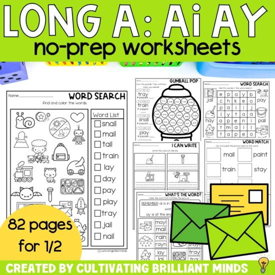 worksheets to teach the AI and AY phonics pattern