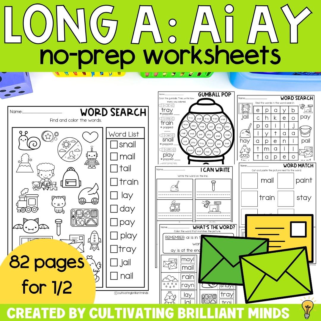 AI AY Worksheets - Cultivating Brilliant Minds worksheets to teach the AI and AY phonics pattern