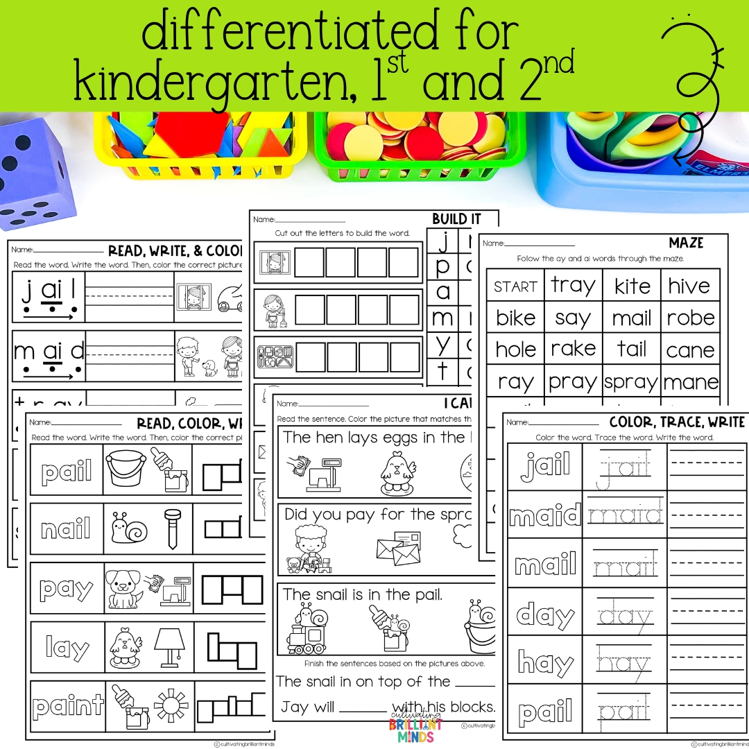 AI AY Worksheets - Cultivating Brilliant Minds worksheets to teach the AI and AY phonics pattern