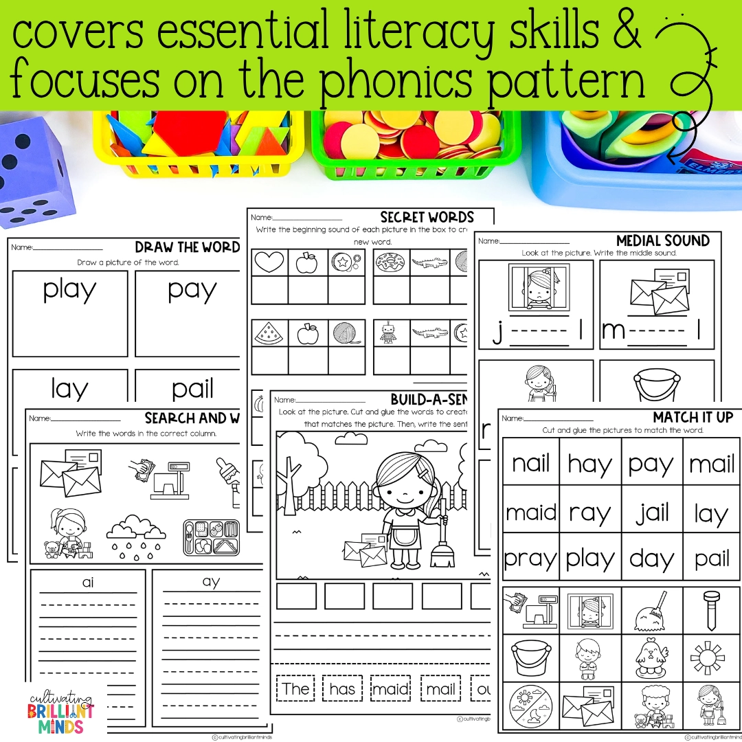 AI AY Worksheets - Cultivating Brilliant Minds worksheets to teach the AI and AY phonics pattern