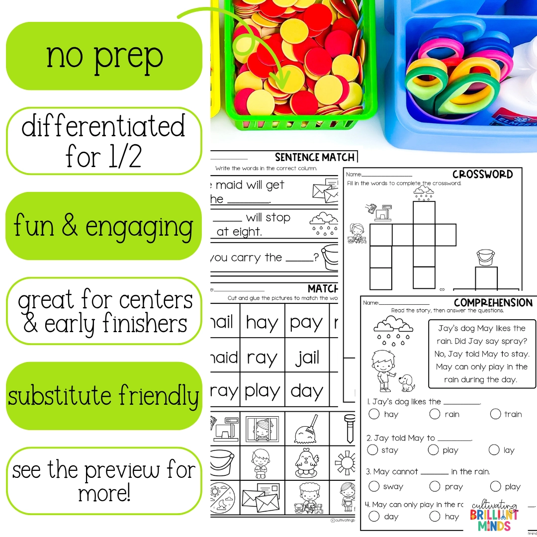AI AY Worksheets - Cultivating Brilliant Minds worksheets to teach the AI and AY phonics pattern