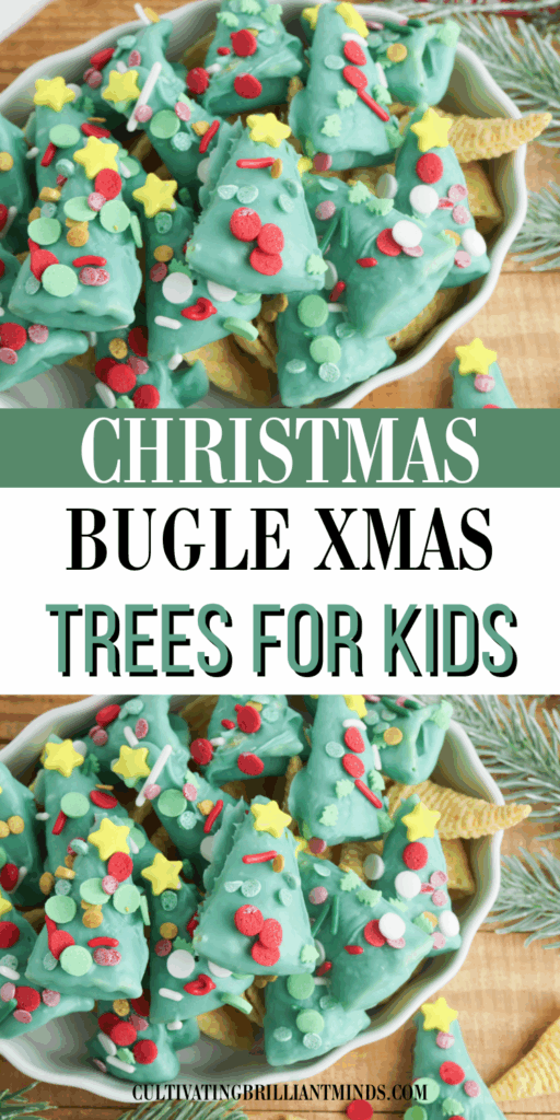 Bugle Christmas Trees - Cultivating Brilliant Minds bugles covered in green melted chocolate and sprinkles to look like christmas trees