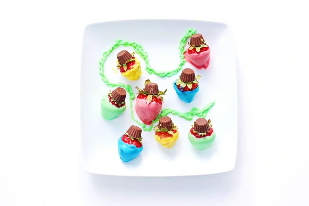 Christmas Light Strawberries - Cultivating Brilliant Minds strawberries decorated to look like Christmas lights