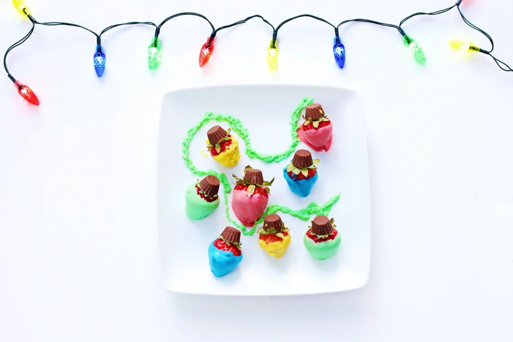 Christmas Light Strawberries - Cultivating Brilliant Minds strawberries decorated to look like Christmas lights