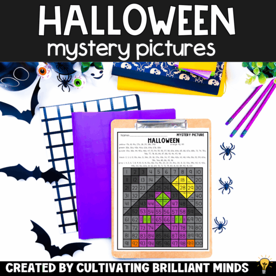 100 chart that, when colored in, reveals a Halloween picture