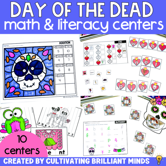Day of the Dead Literacy & Math Centers Activities for K/1st | Thematic Centers