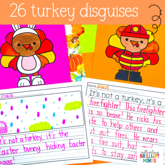 a craft to disguise a turkey with a writing page - turkeys disguised as a bunny and a fire fighter