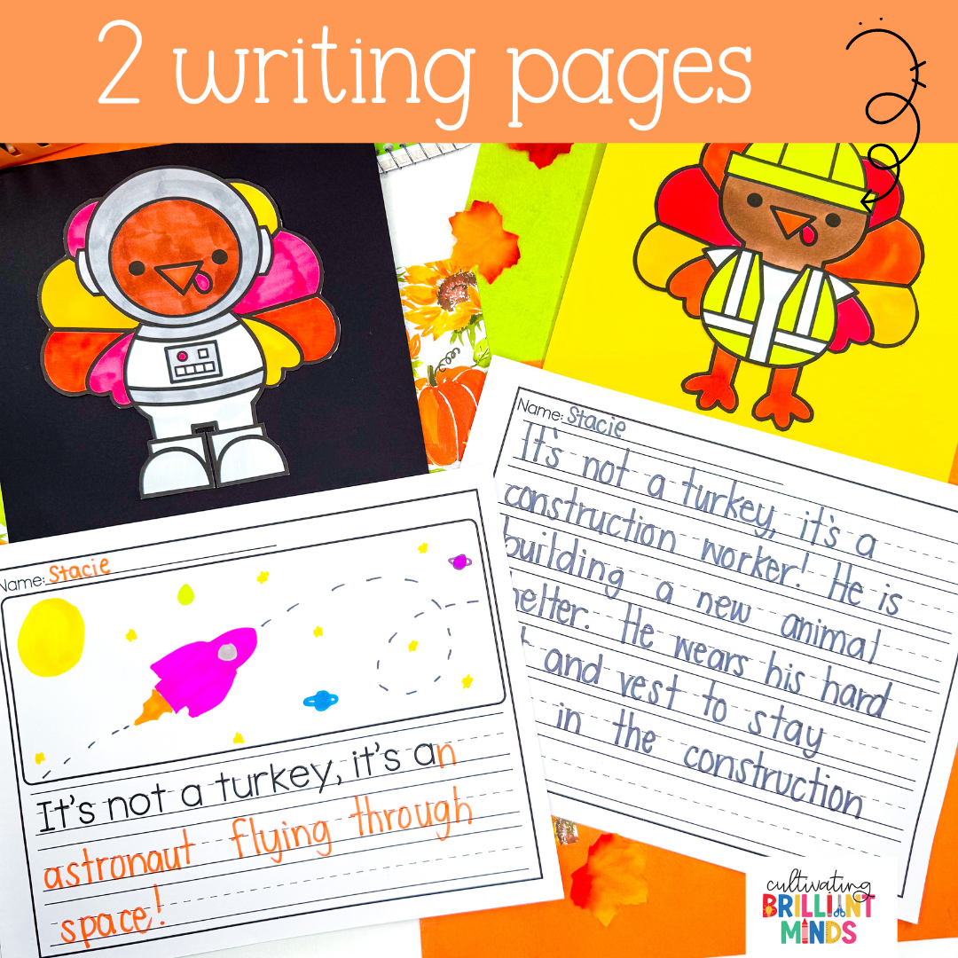Disguise A Turkey Craft - Cultivating Brilliant Minds a craft to disguise a turkey with a writing page - turkeys disguised as an astronaut and construction worker