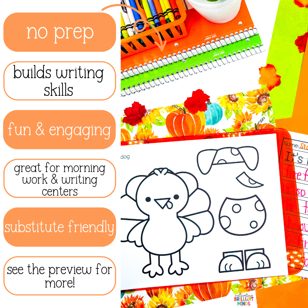 Disguise A Turkey Craft - Cultivating Brilliant Minds a craft to disguise a turkey with a writing page