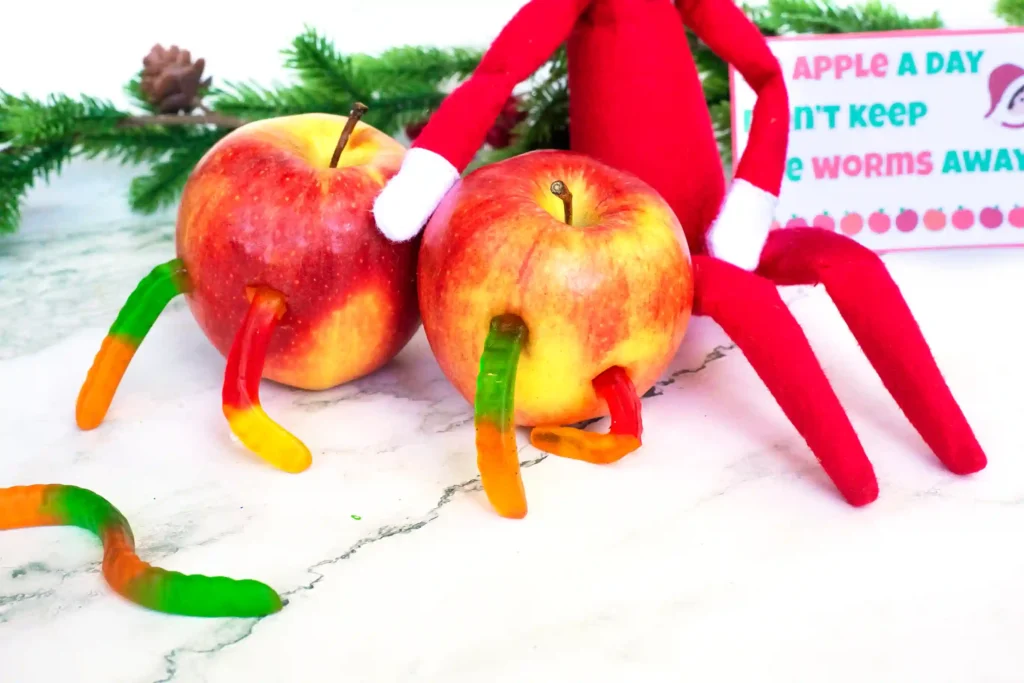Elf on the Shelf Idea Worms in Apple - Cultivating Brilliant Minds an elf on the shelf next tow apples with gummy worms on them and a sign that reads "an apple a day didn't keep the worms away"