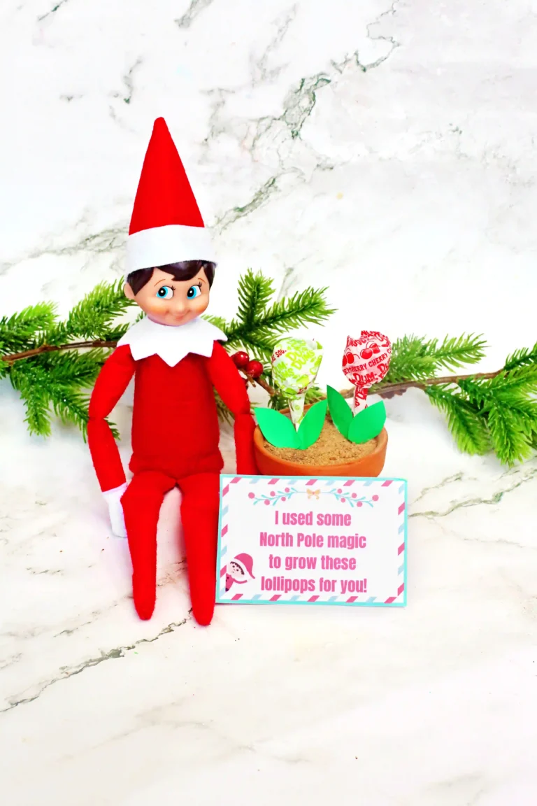 an elf on the shelf next to a flowerpot filled with lollipops and a sign that reads "I used some north pole magic to grow these lollipops for you!"