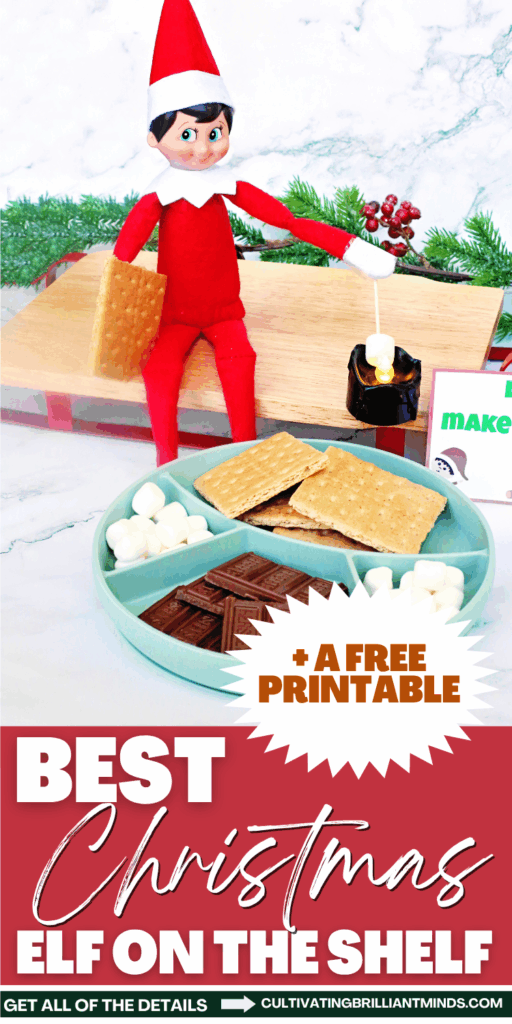 Elf on the Shelf Idea Campfire Smores - Cultivating Brilliant Minds an elf on the shelf next to ingredients for s'mores with a sign that reads "let's make s'mores!"
