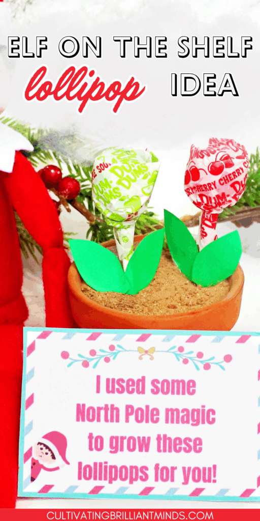 Elf on the Shelf Lollipop Idea - Cultivating Brilliant Minds an elf on the shelf next to a flowerpot filled with lollipops and a sign that reads "I used some north pole magic to grow these lollipops for you!"