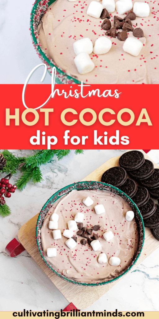Hot Cocoa Dip - Cultivating Brilliant Minds hot cocoa dip with crushed oreos and marshmallows in a green bowl