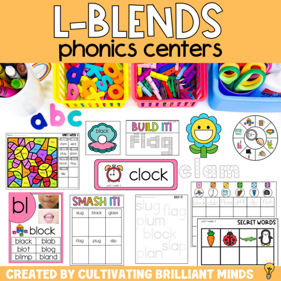 worksheets and centers that focus on the phonics skill of l-blend words