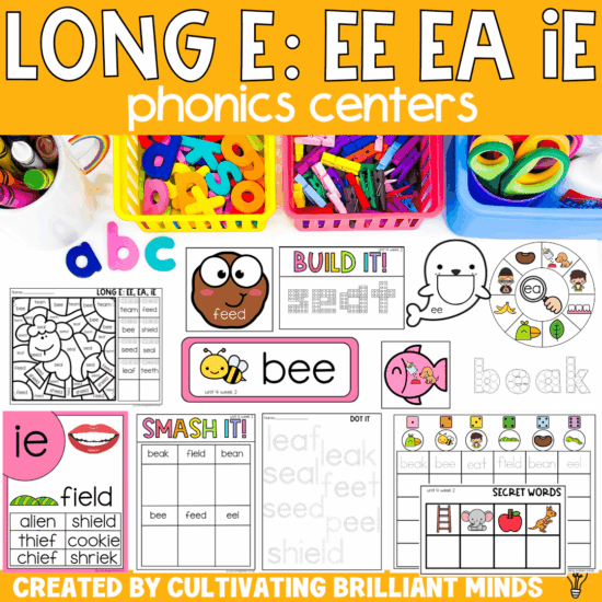 centers and worksheets to practice long e: ee, ea, and ie words