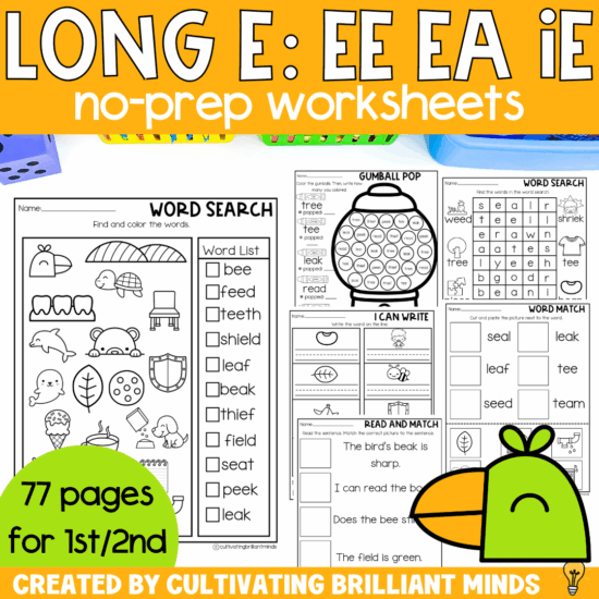 Vowel Teams Long E: EE, EA, IE Phonics Worksheets No Prep Phonics Activities 1/2